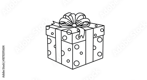 Simple black and white line drawing of a rectangular gift box wrapped with a ribbon and large bow, decorated with a playful polka dot pattern.