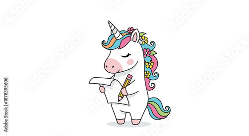 Cute cartoon illustration of a white unicorn with a colorful mane and flower crown, diligently writing on a piece of paper with a yellow pencil.