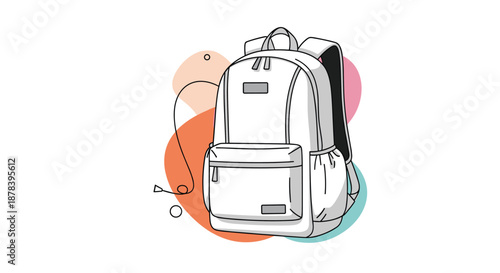 Minimalist line art illustration of a modern white backpack set against colorful abstract shapes in the background, featuring a clean design.