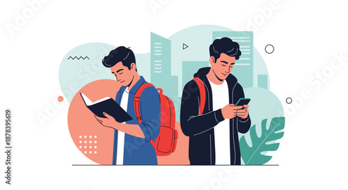 Flat illustration showing two young men in an urban setting; one is focused on reading a book while the other is using a modern smartphone device.