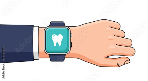 Close-up illustration of a hand wearing a dark smartwatch that displays a white tooth icon on a bright turquoise screen, suggesting dental care.