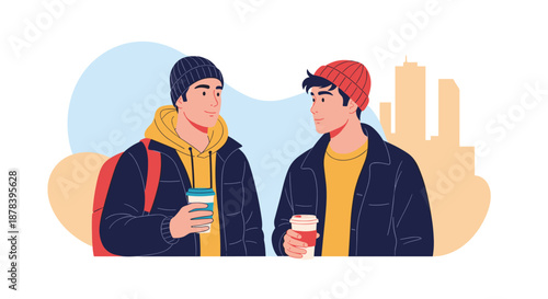 Flat vector illustration of two young men wearing warm winter clothes and beanies, holding coffee cups while engaged in conversation outdoors.