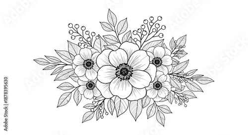 Detailed black and white line art of a dense floral bouquet featuring multiple large flowers, leaves, and berry branches in a beautiful cluster.