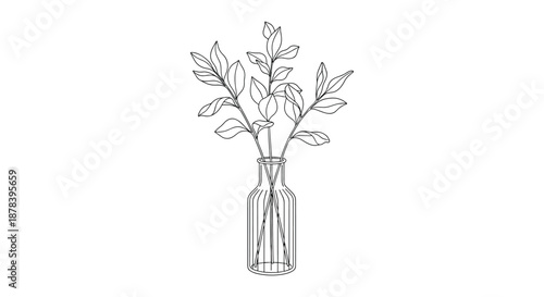 Minimalist black and white line drawing of a simple glass vase containing three delicate leafy branches, reflecting a clean and modern aesthetic.