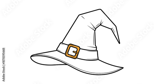 Simple black and white line drawing of a traditional witch's hat with a pointed top and a buckled band, perfect for Halloween-themed projects.