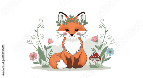 Adorable cartoon fox sitting peacefully in a forest setting with colorful flowers and a small red mushroom, wearing a green leafy crown.