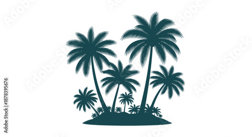 Dark green silhouette illustration of a group of palm trees on a small island, creating a tropical and exotic summer vibe for your designs.