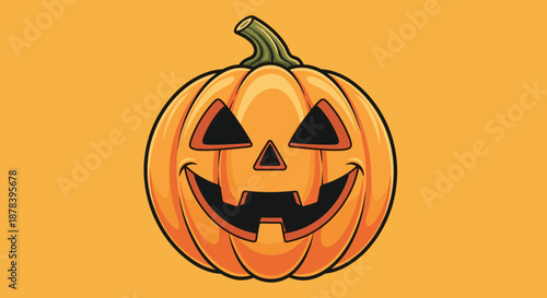 Classic Halloween jack-o-lantern illustration with a carved smiling face and triangular eyes, set against a solid bright orange background.