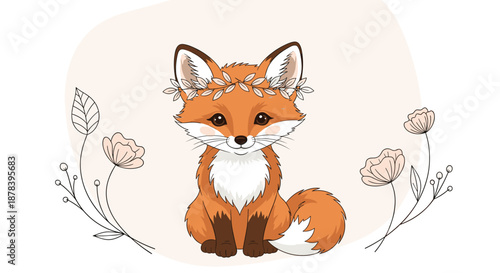 Cute illustration of a small red fox wearing a delicate flower crown, surrounded by simple hand-drawn floral branches and leaves in soft colors.