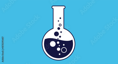 Simple graphic illustration of a round-bottom chemical flask containing a bubbling dark blue liquid, isolated on a bright blue background.