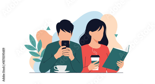 Flat illustration of two people sitting at a table together; one is using a smartphone while the other is reading a book and holding coffee.