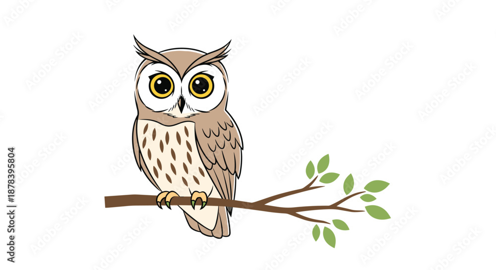 Obraz premium Wise-looking brown owl with large yellow eyes perched calmly on a green leafy branch in a hand-drawn illustration style.