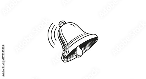 Classic metal hand bell in black and white silhouette shown with sound wave lines to indicate ringing and motion.
