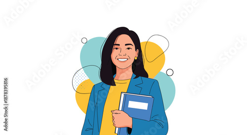 Professional young woman with long dark hair wearing a blue blazer and yellow top smiling while holding a blue book.