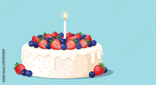 Festive white frosted cake topped with fresh strawberries and blueberries and one burning white candle for a birthday celebration.