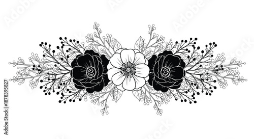 Elegant horizontal floral border illustration in black and white line art featuring large blossoms and delicate sprigs.