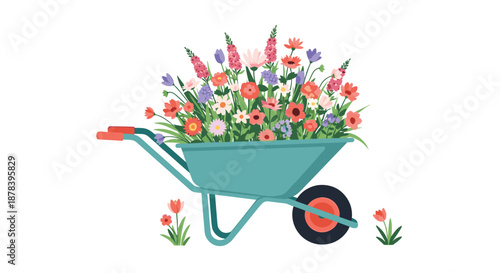 Teal garden wheelbarrow filled with a vibrant variety of blooming spring flowers and plants on a clean white background.