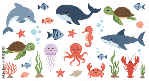 Large collection of cute cartoon sea animals and ocean elements including whale, shark, turtle, and octopus on white.