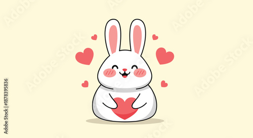 Cute white bunny sitting and holding a red heart surrounded by more floating pink and red hearts on a soft background.