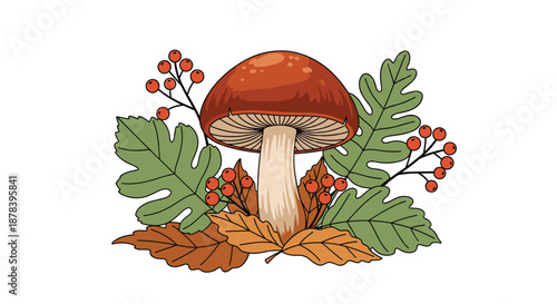 Brown mushroom surrounded by green oak leaves, orange autumn leaves, and small red berries on a white background.