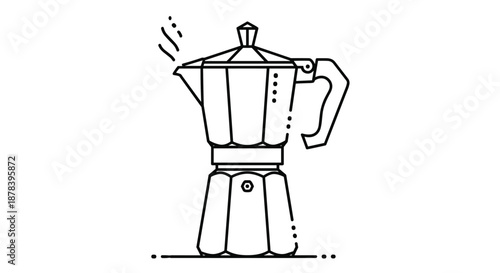 Simple line art illustration of a traditional moka pot with steam coming from the spout on a white background.