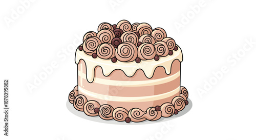 Delicious gourmet layer cake with smooth cream frosting and decorative swirls topped with small chocolate pearls for a sweet celebration.