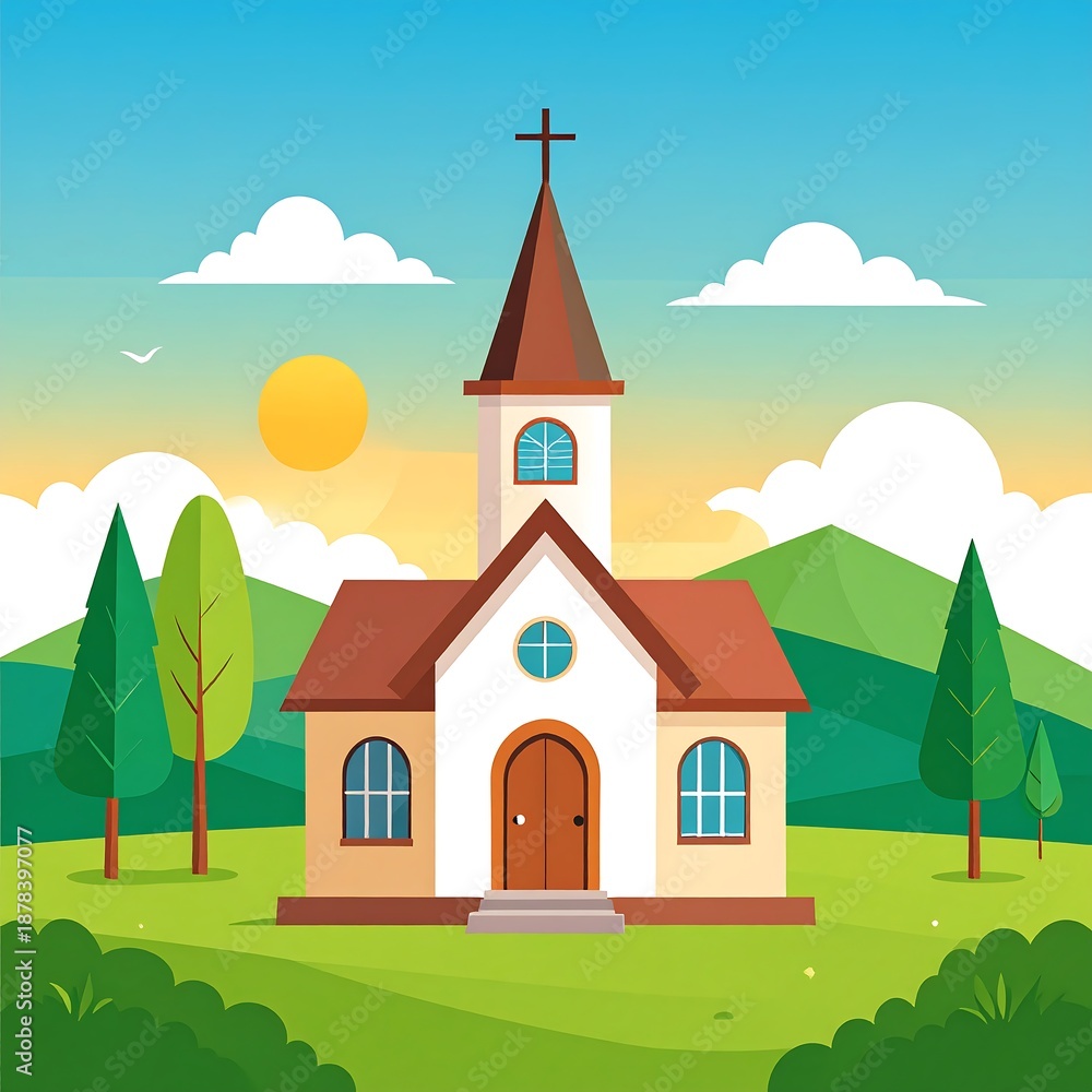 Naklejka premium Illustration of a quaint church with a steeple, nestled in a verdant landscape under a bright sky