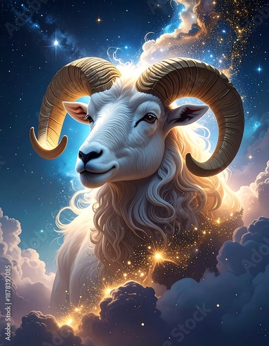 A majestic white ram with curved horns emerges from celestial clouds, illuminated by golden light against a starry night