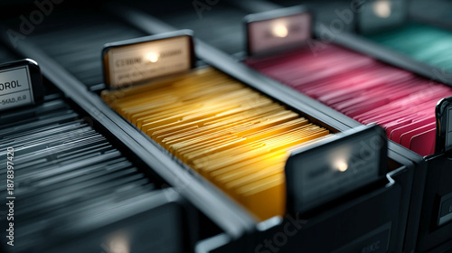 Corporate register tabs showing indexed sections symbolizing governance record keeping justice system lighting