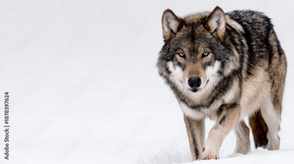Fototapeta premium Majestic Wolf Walking Through Snowy Landscape in Winter Season