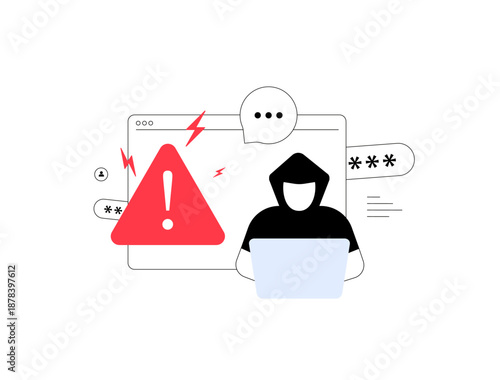 Session hijacking cyber attack hacker. Warning laptop sign stolen data unauthorized access security breach fraud threat phishing malware data theft account takeover digital crime vector illustration