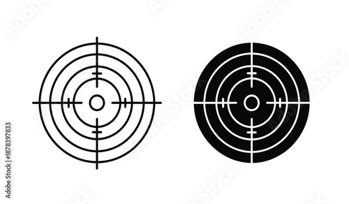Two black and white target icons with concentric circles and crosshairs on a pure