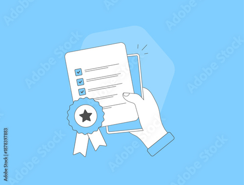 Quality control with QC process ensures product, service excellence through certified approval, passed checklist and guarantee. Hand checks standards to assure trust and delivery quality illustration