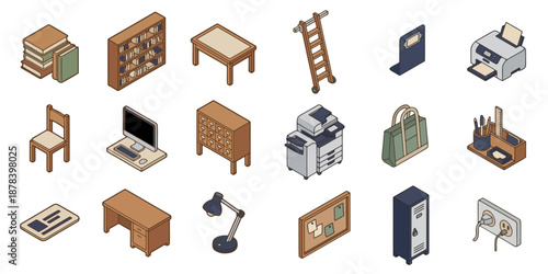 Isometric Library Furniture and Reading Equipment Icon Set