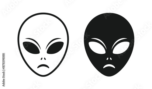 Two alien faces in black and white with a neutral expression