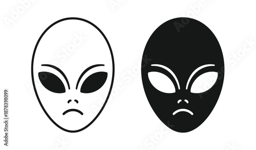 Two alien masks in black and white with a neutral expression