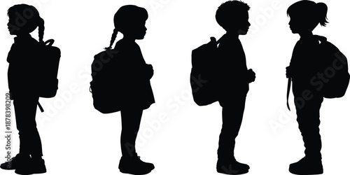 School children backpack silhouettes, boys and girls standing profile, student education concept black vector illustration isolated on white background for classroom use