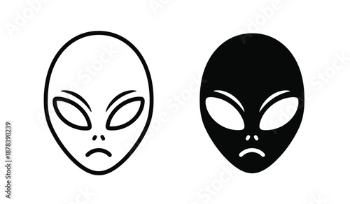 Two alien masks in black and white with a neutral expression