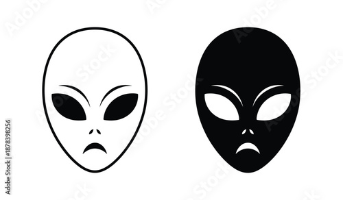 Two alien masks in black and white with a neutral expression