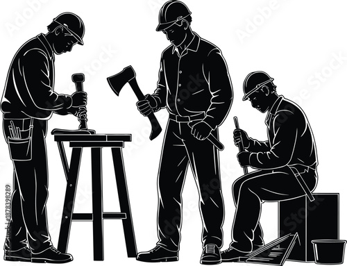 Silhouette of skilled construction workers using hand tools, teamwork carpentry labor scene, industrial craftsmanship concept, black and white vector illustration