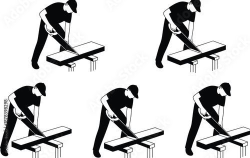 Silhouette set of carpenter cutting wooden planks with hand saw, repetitive woodworking actions, manual labor process, black and white vector illustration