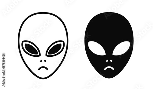 Two alien masks in black and white on a plain background for design use
