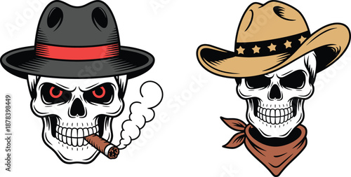 Stylish gangster and cowboy skull characters wearing hats and bandanas with cigar, detailed vector illustration for tattoo branding apparel