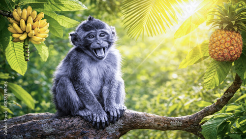 Black and white baby monkey sitting on a branch in colorful tropical jungle with bananas and pineapple, selective color effect.