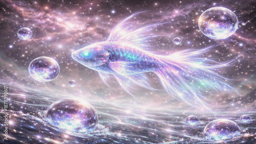 Glowing cosmic fish swimming through a surreal galaxy ocean filled with luminous bubbles and stardust.