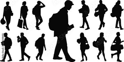 Walking people silhouette collection illustration, men and women carrying bags in daily commute poses, lifestyle movement concept, black vector isolated on white background