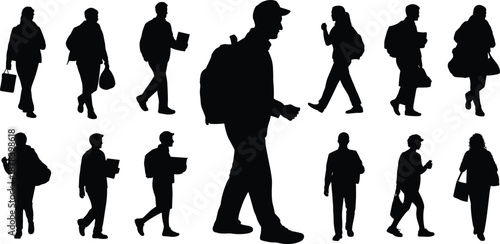Walking people silhouette set illustration, men and women carrying bags in different poses, daily commute lifestyle concept, black vector isolated on white background