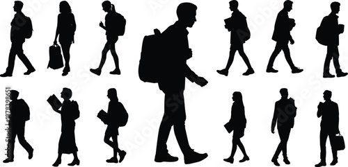 Walking people silhouette vector set, men and women carrying bags in various poses, urban commuter lifestyle illustration, black isolated figures on white background