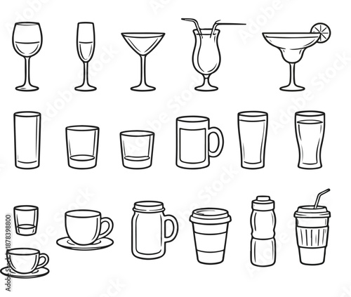 Hand Drawn Drink Glassware Outline Set, Black and White Line Icons