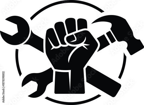 Worker power emblem with raised fist and crossed tools, wrench and hammer icons, industrial labor strength and solidarity concept vector illustration